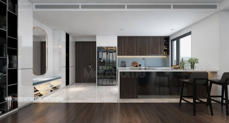 Thiết kế nội thất không gian phòng bếp đa năng với mẫu tủ bếp gỗ công nghiệp tinh tế. Thiết kế và sản xuất tủ bếp đẹp