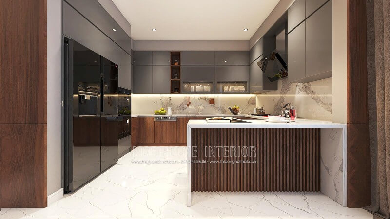 Tủ bếp gỗ An Cường đẹp sang trọng cho phòng bếp nhà phố, biệt thự hiện đại. Thiết kế và sản xuất tủ bếp đẹp