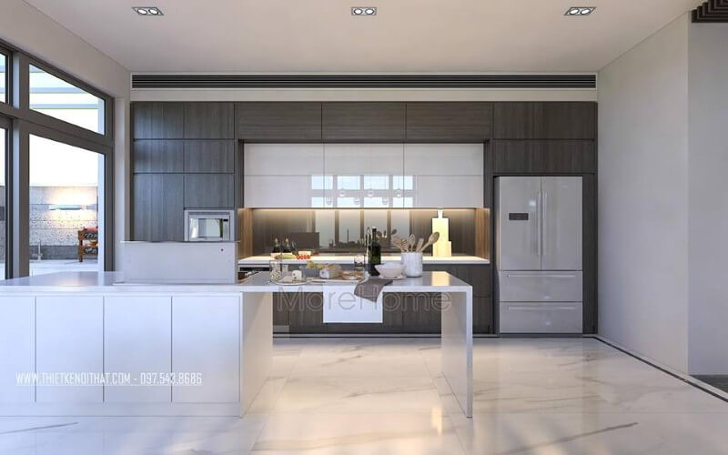 Tủ bếp đẹp, sang trọng từ gỗ công nghiệp An Cường cùng đá ốp nhân tạo cao cấp đã tạo nên vẻ đẹp hiện đại, độc đáo cho phòng bếp. Thiết kế và sản xuất tủ bếp đẹp