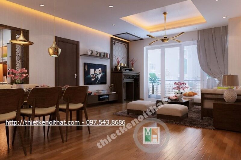 Nội thất phòng khách chung cư với những đường nét thiết kế nhẹ nhàng, sự kết hợp tinh tế giữa không gian, vật dụng, ánh sáng và màu sắc, không gian tiếp khách của gia chủ trở nên sinh động hơn, sang trọng và thanh thoát hơn Thiết kế chung cư