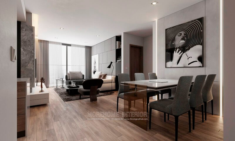 Thiết kế chung cư hiện đại,khu vực sinh hoạt chung được thiết kế liền kề, phần cửa hướng ra ban công kích thước lớn mang lại ánh sáng và không khí trong lành cho căn phòng bớt ngột ngạt Thiết kế chung cư