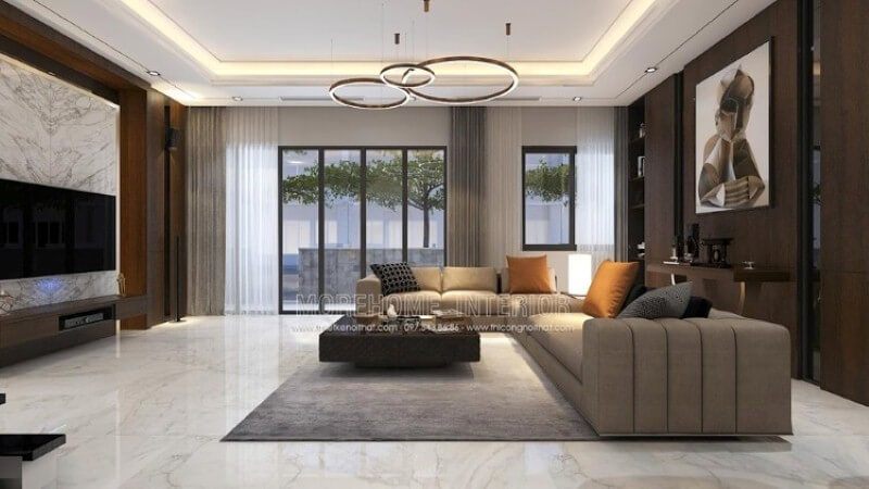 Mẫu thiết kế nội thất phòng khách biệt thự cao cấp tại biệt thự Park city với ý tưởng sử dụng phong cách hiện đại nhưng mang lối sang trọng, ấm áp.