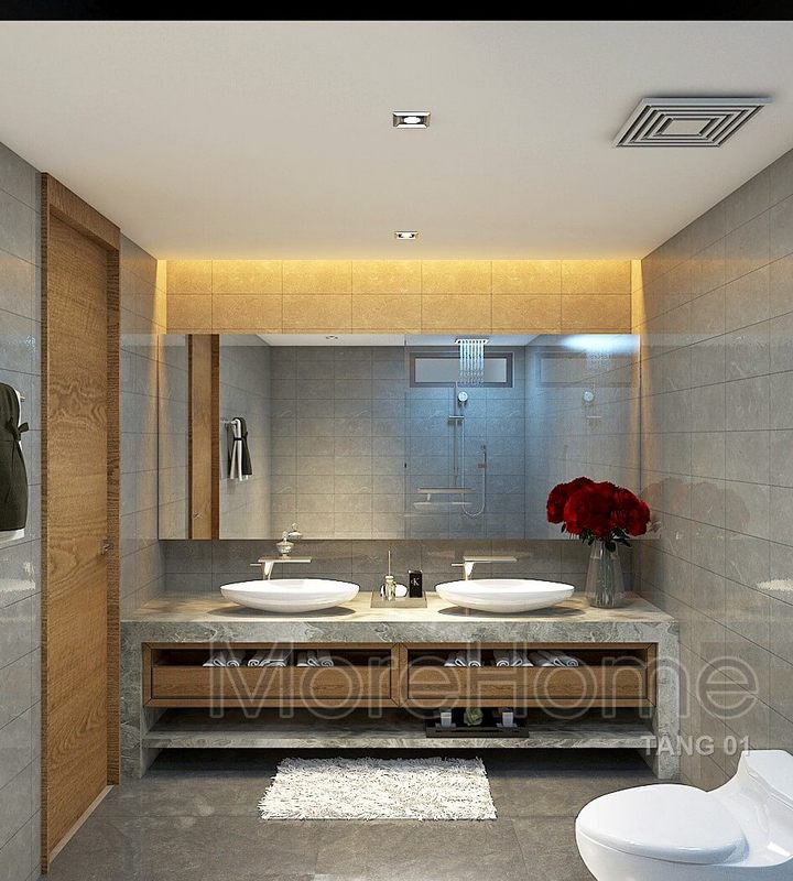 Gương chữ nhật dài không viền tạo vẻ thoáng đãng, hiện đại cho phòng tắm.