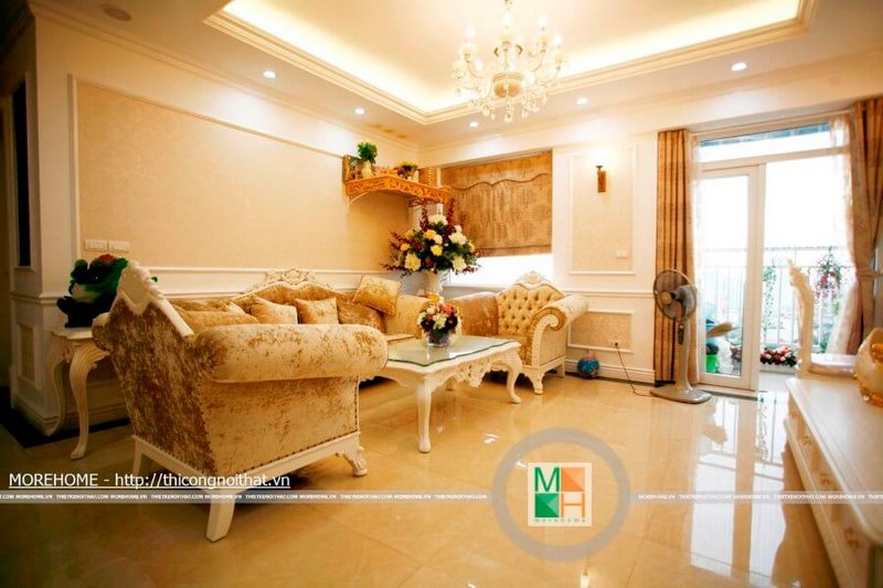 Bộ sofa tân cổ điển với vải nhung mang lại cảm giác ấm áp và mềm mại.