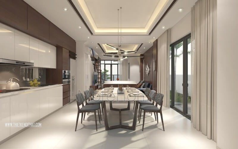 .
Nội thất phòng ăn biệt thự hiện đại và độc đáo này sẽ giúp gia đình bạn có cảm giác tươi mới. Nếu bạn đang tìm kiếm một mẫu thiết kế phòng ăn liền bếp đẹp mê ly, hãy không bỏ qua mẫu này.